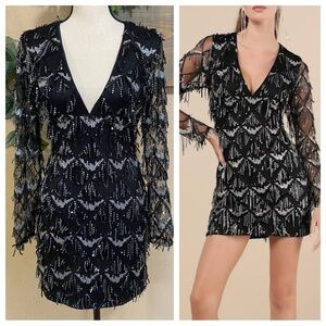 NWOT Lulus Playful Composure Black Fringe Sequin Mini Dress
